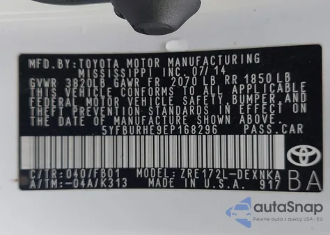 2014 Toyota Corolla L/Le/Le Pls/Prm/S/S Pls from USA, damaged, VIN 5YFBURHE9EP168296